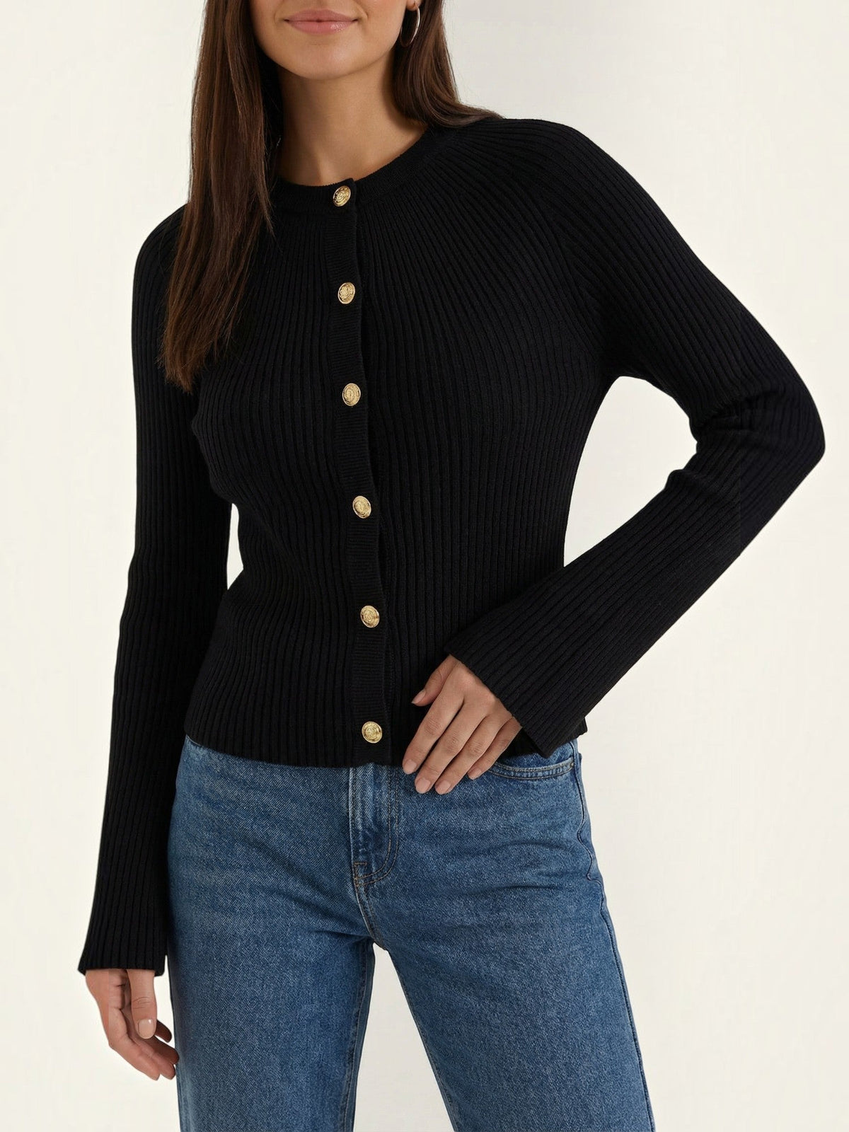 Melaine Ribbed Gold Button Cardigan - Black
