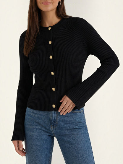Melaine Ribbed Gold Button Cardigan - Black