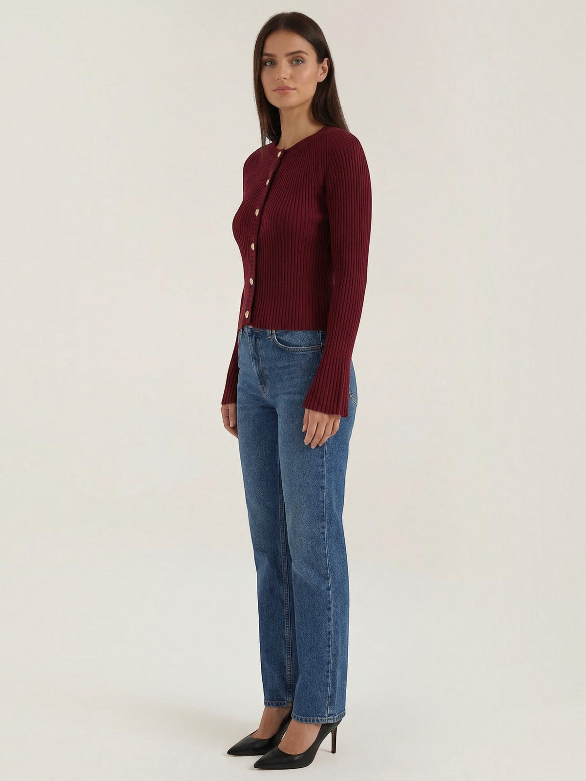 Melaine Ribbed Gold Button Cardigan - Burgundy