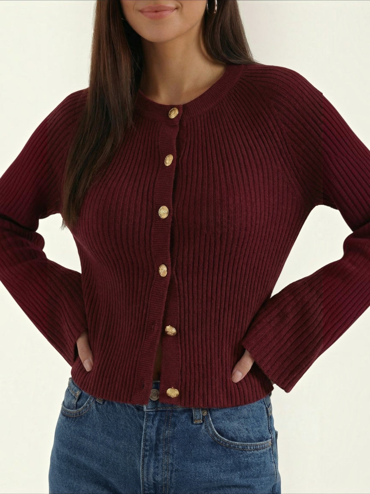 Melaine Ribbed Gold Button Cardigan - Burgundy