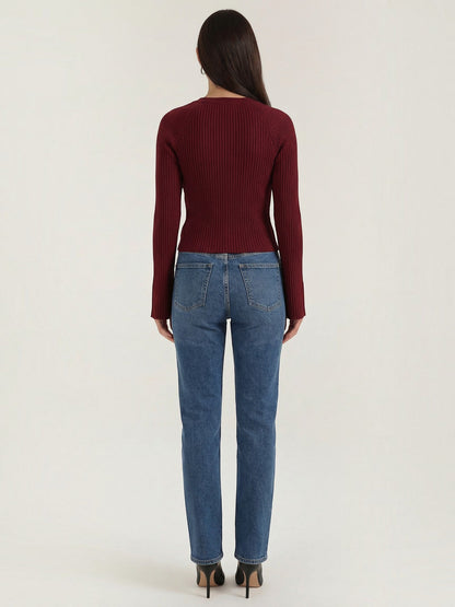 Melaine Ribbed Gold Button Cardigan - Burgundy