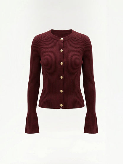 Melaine Ribbed Gold Button Cardigan - Burgundy