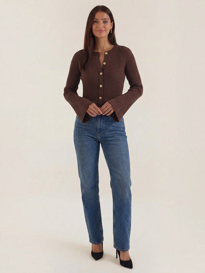 Melaine Ribbed Gold Button Cardigan - Chocolate Brown