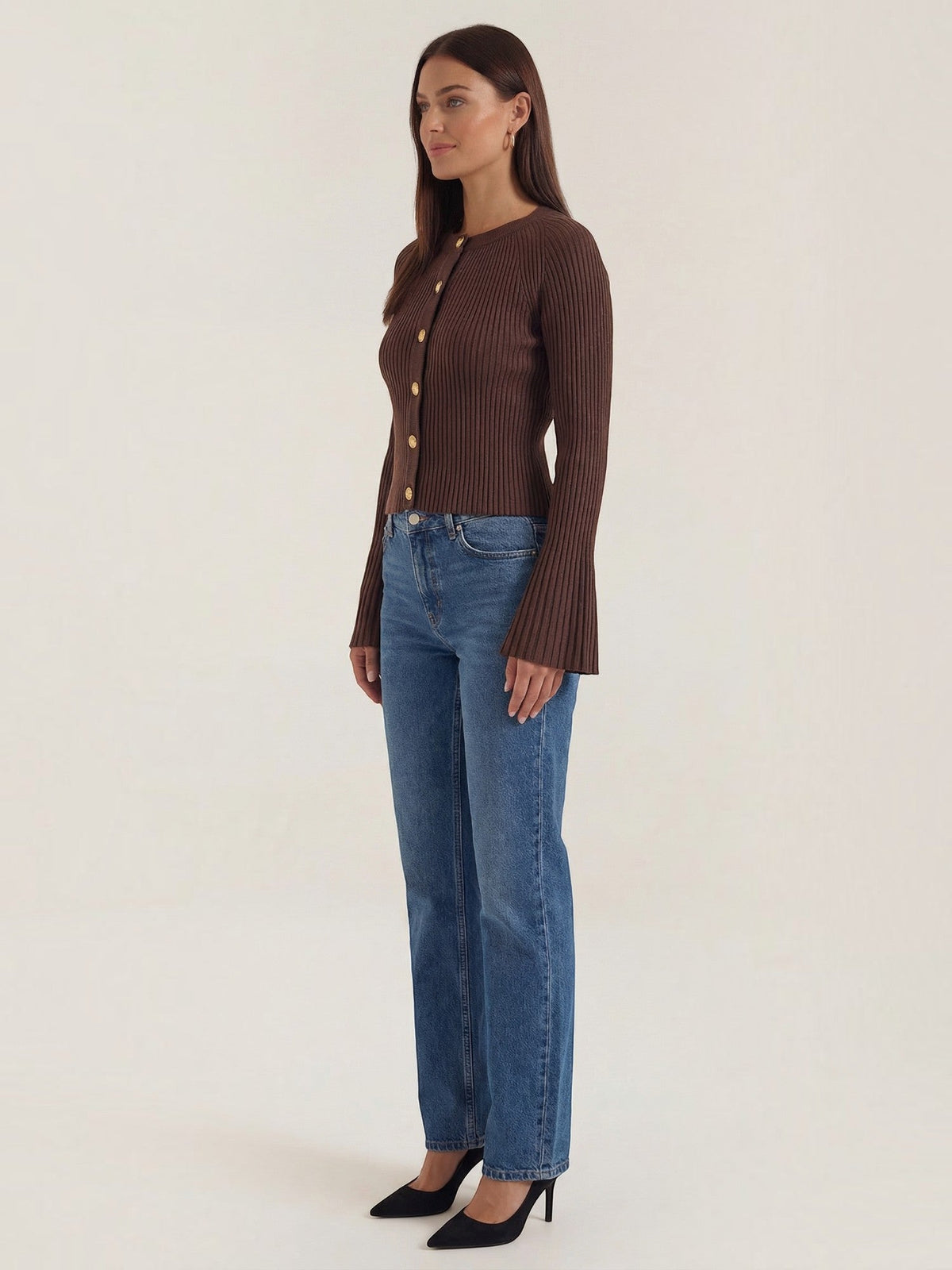 Melaine Ribbed Gold Button Cardigan - Chocolate Brown