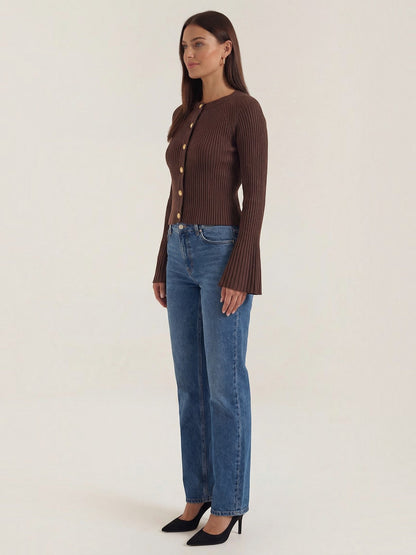Melaine Ribbed Gold Button Cardigan - Chocolate Brown