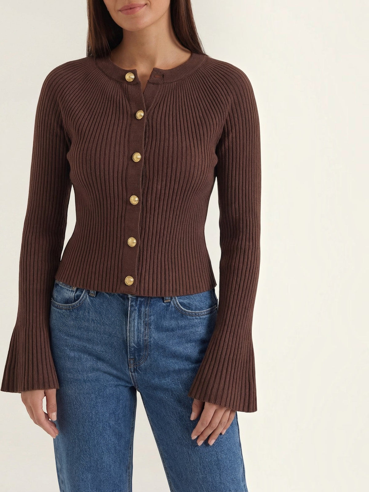 Melaine Ribbed Gold Button Cardigan - Chocolate Brown