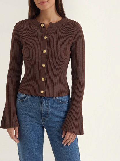 Melaine Ribbed Gold Button Cardigan - Chocolate Brown