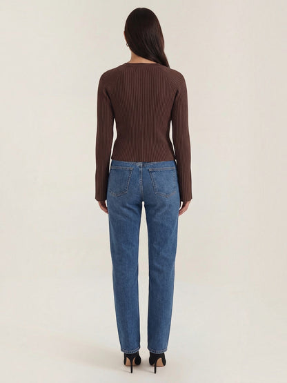 Melaine Ribbed Gold Button Cardigan - Chocolate Brown