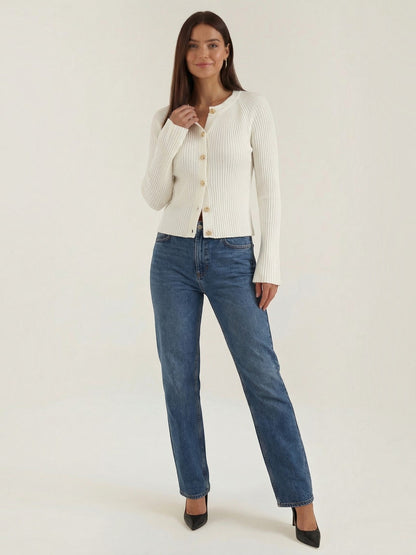 Melaine Ribbed Gold Button Cardigan - Ivory