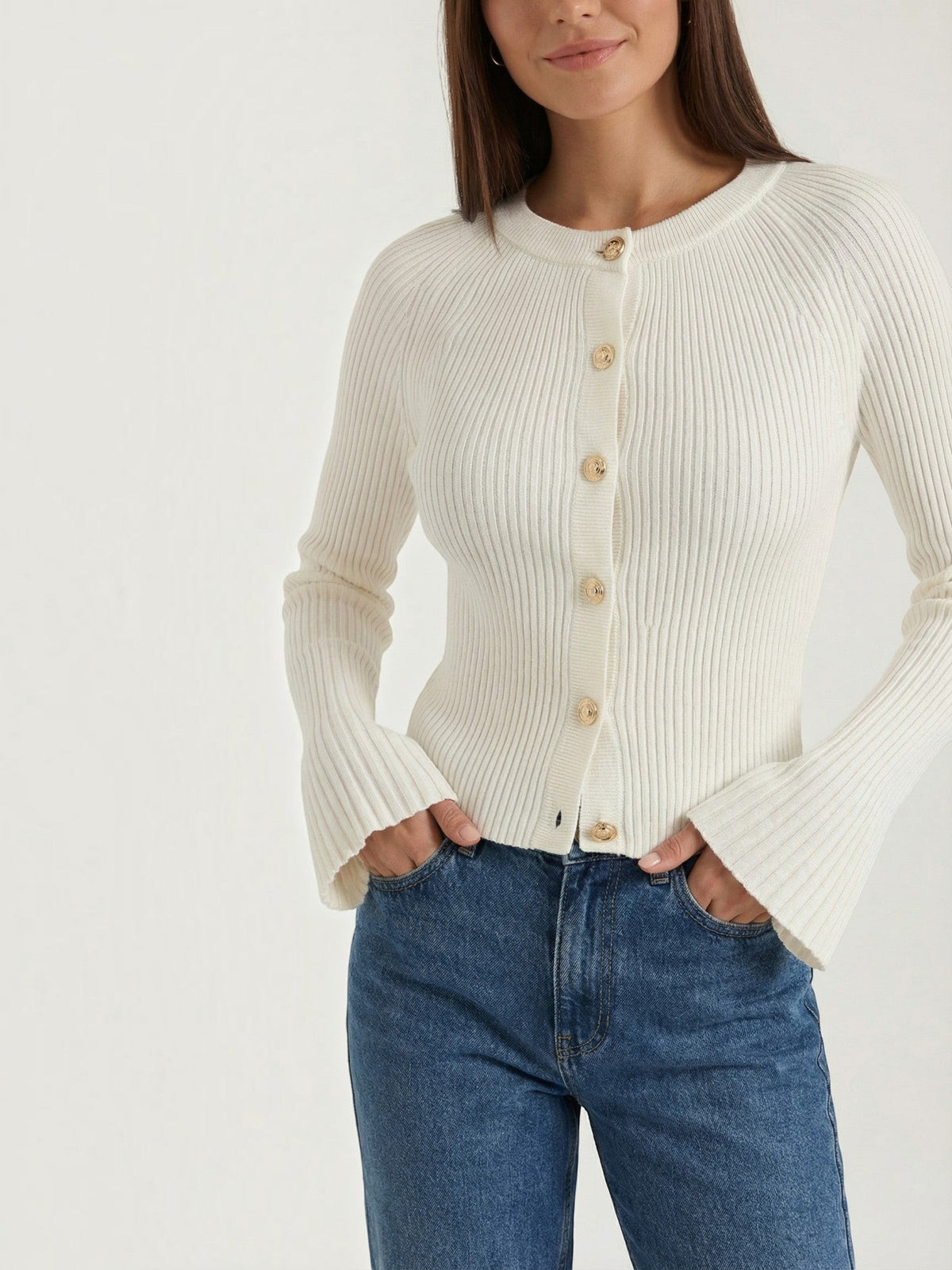 Melaine Ribbed Gold Button Cardigan - Ivory