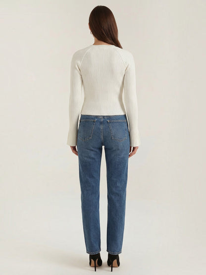 Melaine Ribbed Gold Button Cardigan - Ivory
