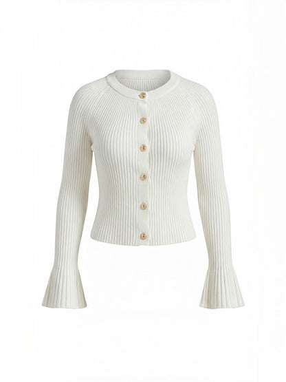 Melaine Ribbed Gold Button Cardigan - Ivory