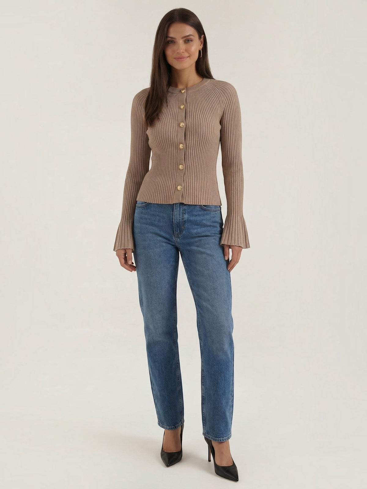 Melaine Ribbed Gold Button Cardigan - Taupe