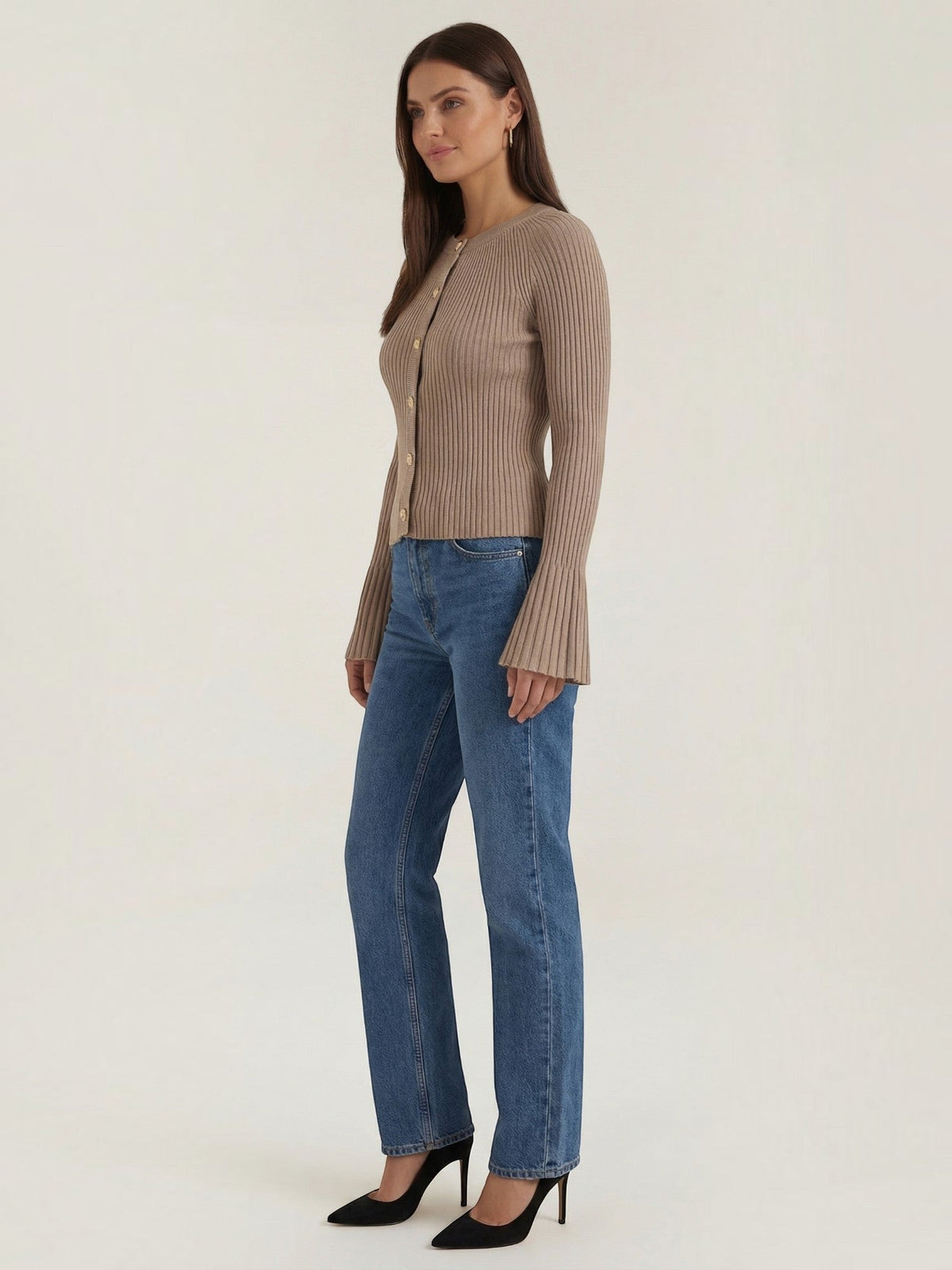 Melaine Ribbed Gold Button Cardigan - Taupe