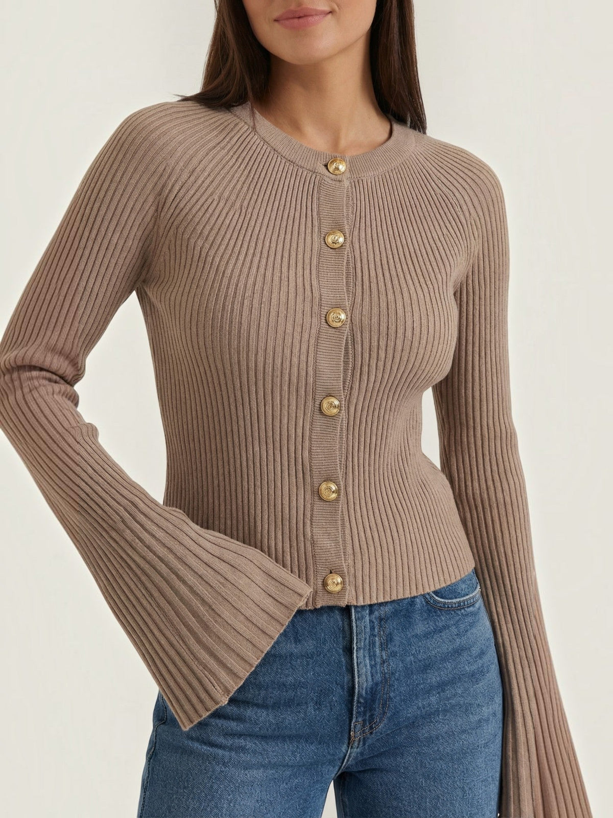 Melaine Ribbed Gold Button Cardigan - Taupe