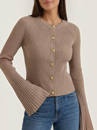 Melaine Ribbed Gold Button Cardigan - Taupe