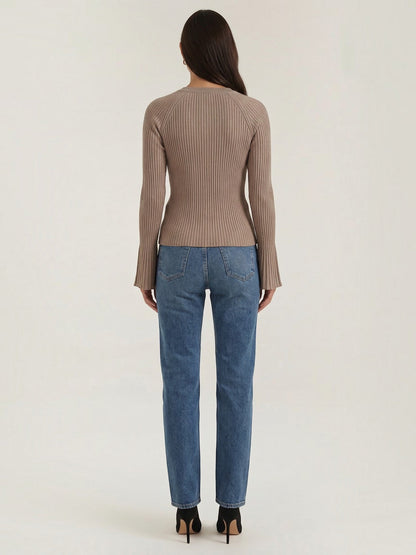 Melaine Ribbed Gold Button Cardigan - Taupe