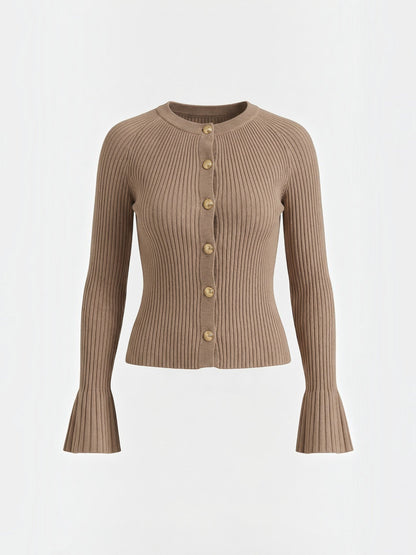 Melaine Ribbed Gold Button Cardigan - Taupe