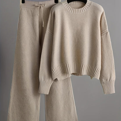 Melisa Knit Top and Wide-Leg Pants Set - Apricot