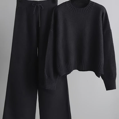 Melisa Knit Top and Wide-Leg Pants Set - Black