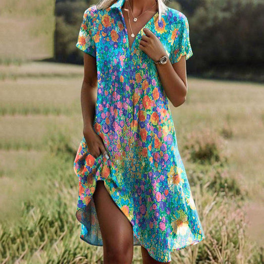 Turquoise floral mini dress with colorful flowers and relaxed swing fit for women