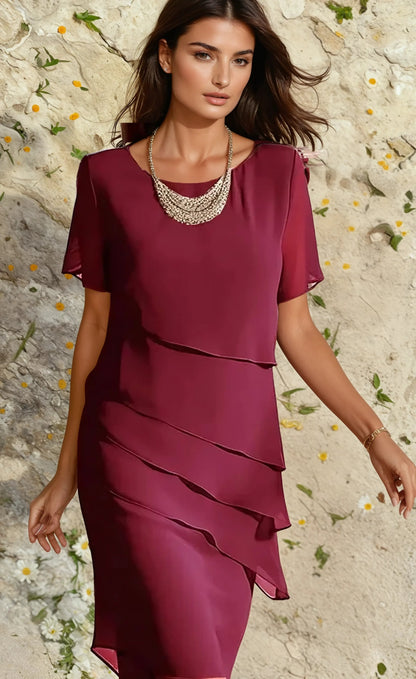 Burgundy layered midi dress with asymmetrical ruffles and flutter sleeves for formal occasions