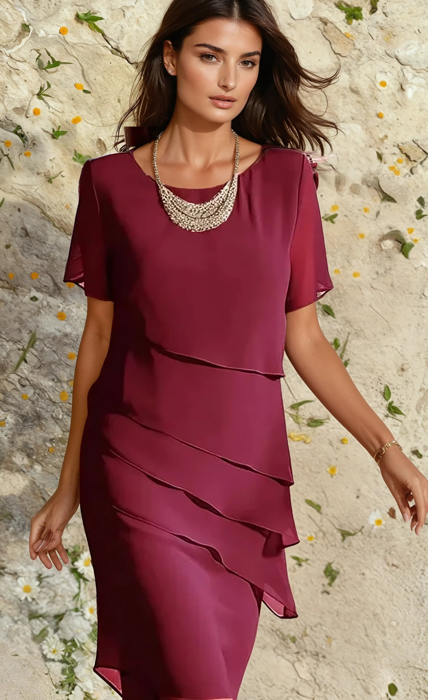 Burgundy layered midi dress with asymmetrical ruffles and flutter sleeves for formal occasions