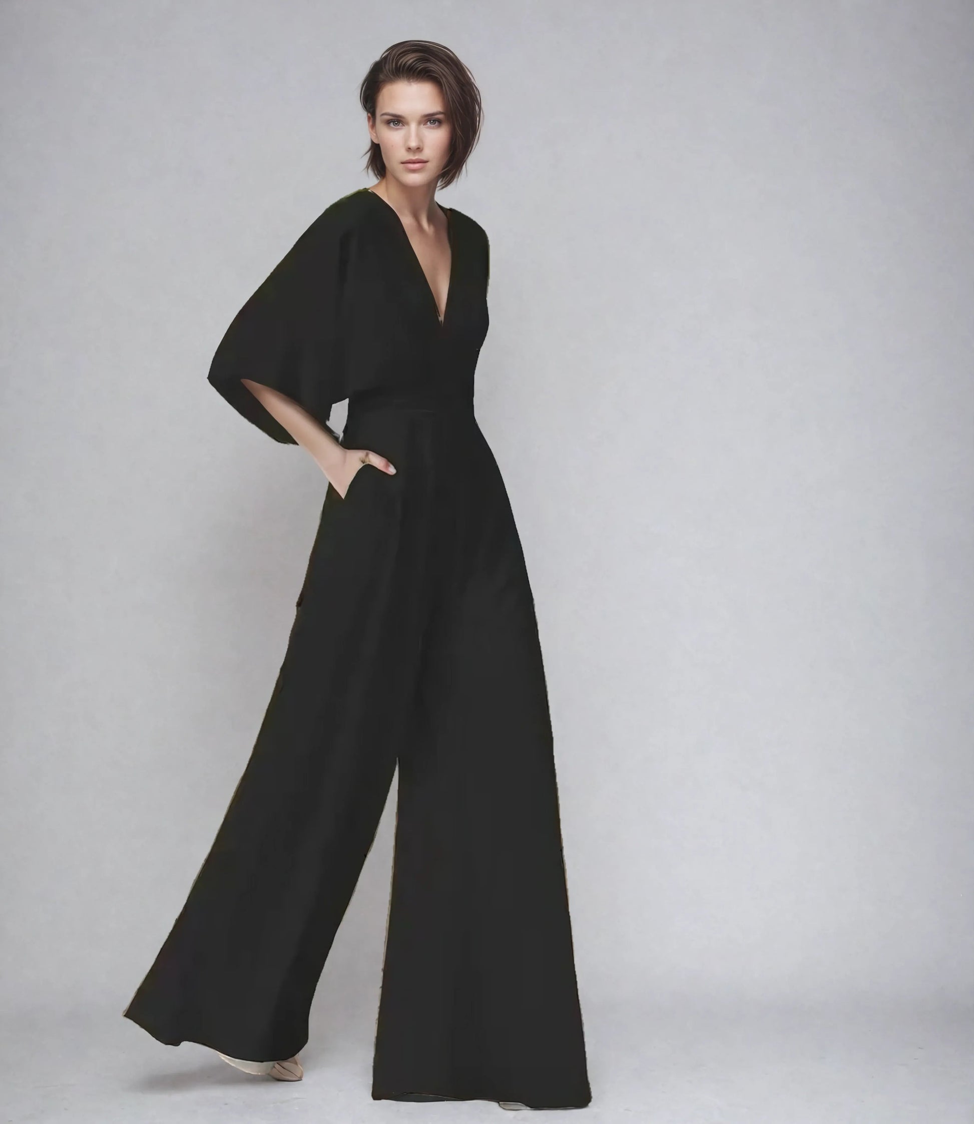 Black flutter sleeve V-neck jumpsuit with wide-leg cut for women