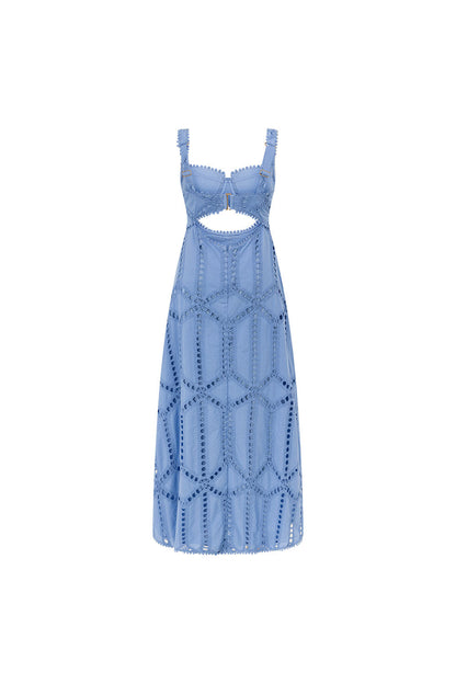 Periwinkle blue lace maxi dress flat lay showing square neckline and cutout details