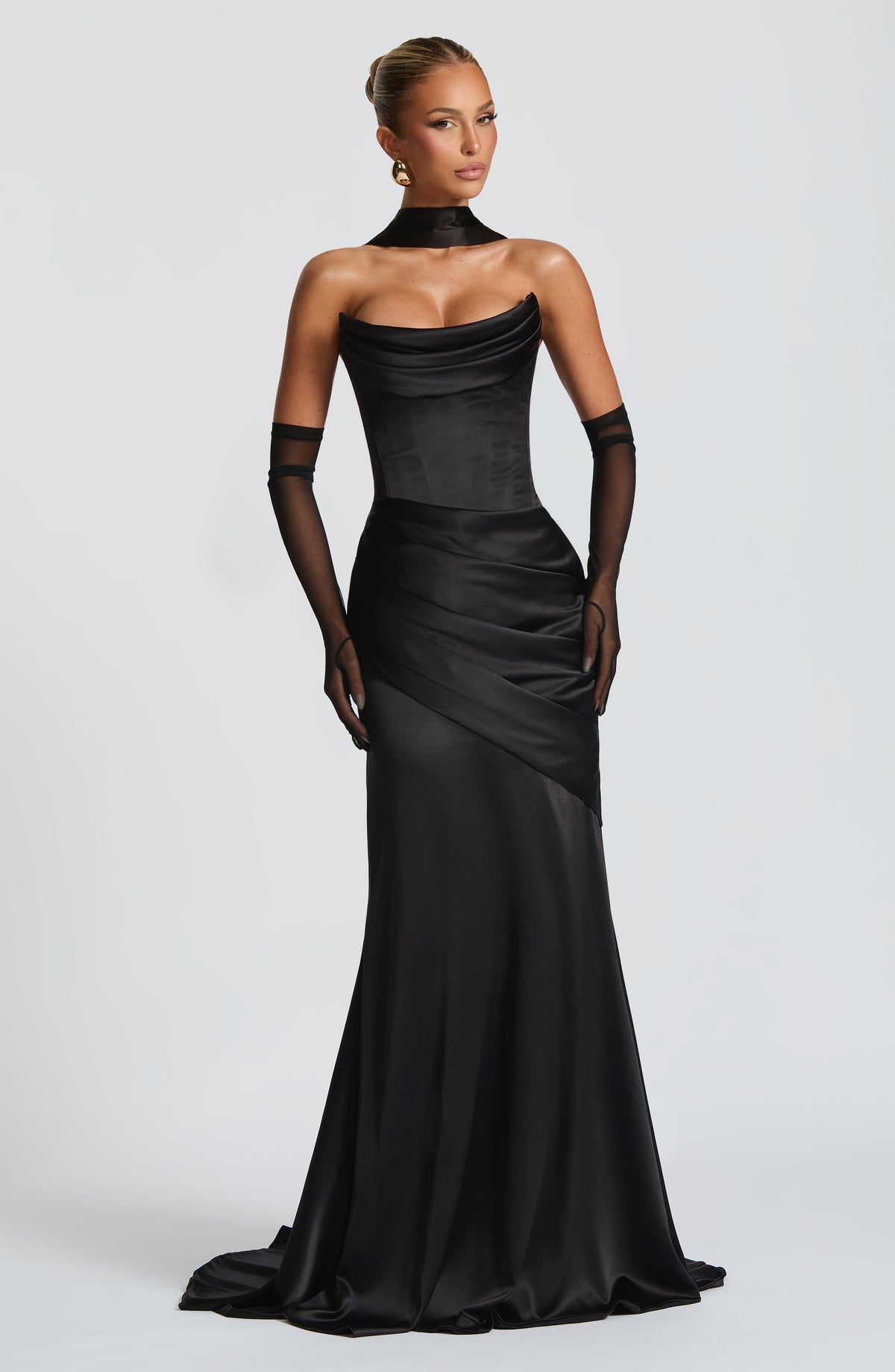 Morwen Strapless Cowl Satin Maxi Dress - Black