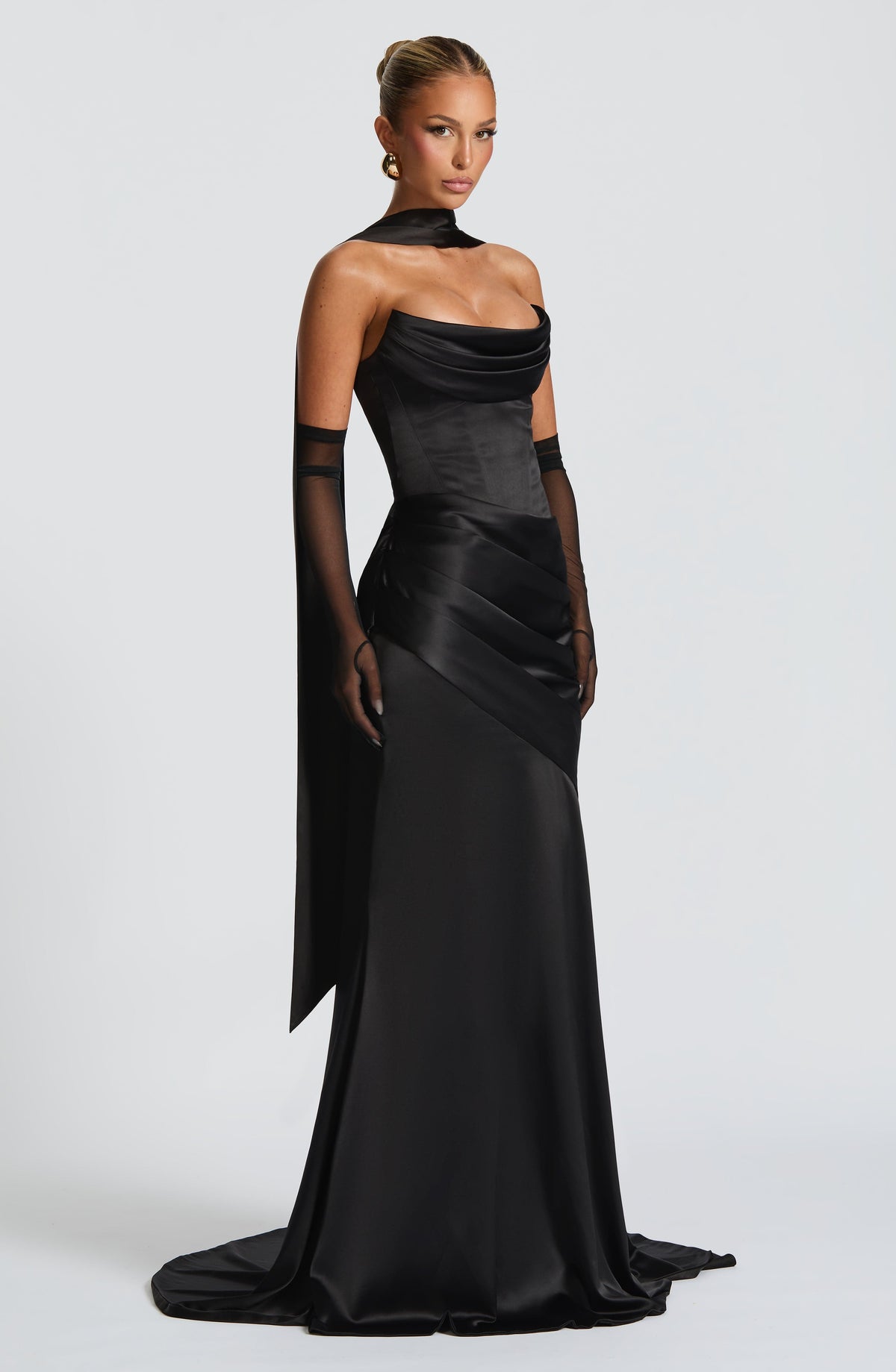 Morwen Strapless Cowl Satin Maxi Dress - Black