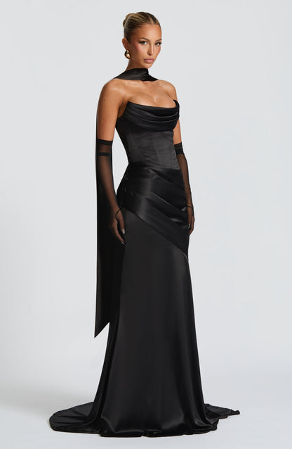 Morwen Strapless Cowl Satin Maxi Dress - Black