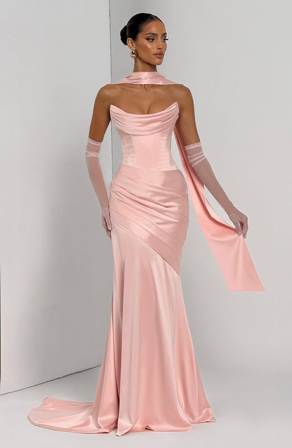 Morwen Strapless Cowl Satin Maxi Dress - Blush Pink
