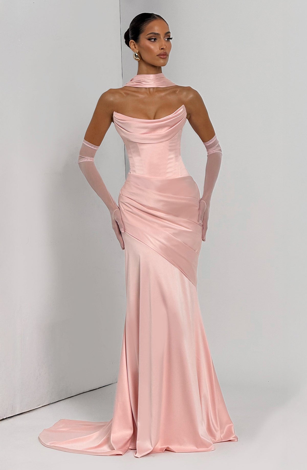 Morwen Strapless Cowl Satin Maxi Dress - Blush Pink