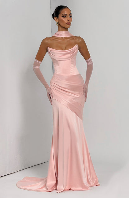 Morwen Strapless Cowl Satin Maxi Dress - Blush Pink
