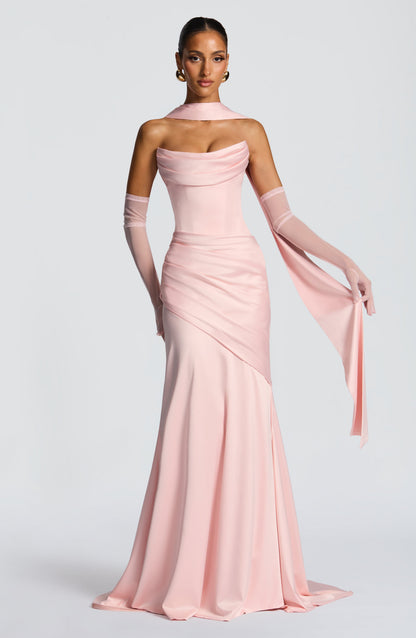 Morwen Strapless Cowl Satin Maxi Dress - Blush Pink