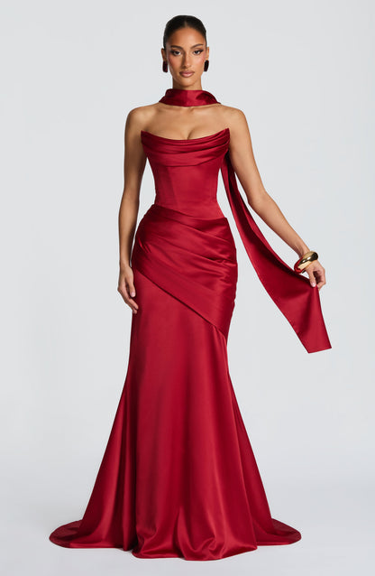Morwen Strapless Cowl Satin Maxi Dress - Deep Red