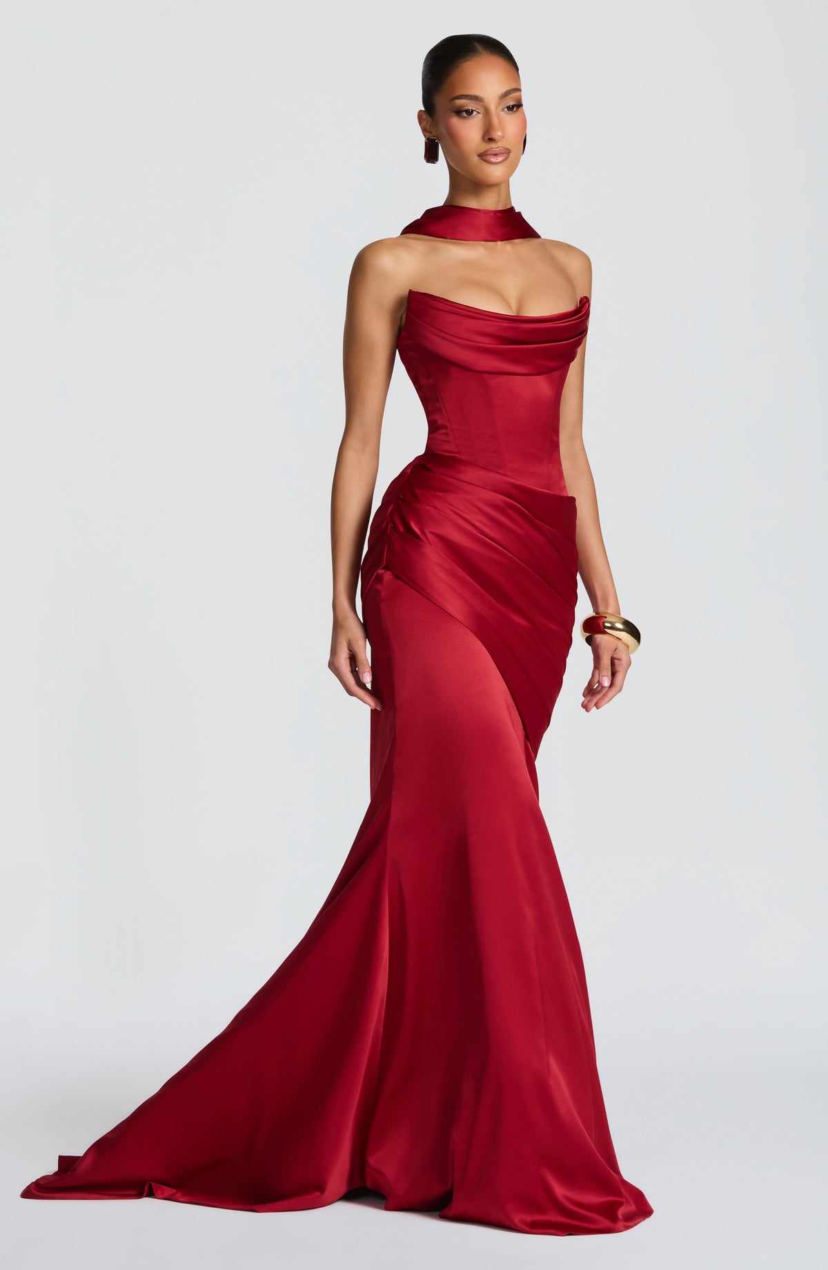 Morwen Strapless Cowl Satin Maxi Dress - Deep Red