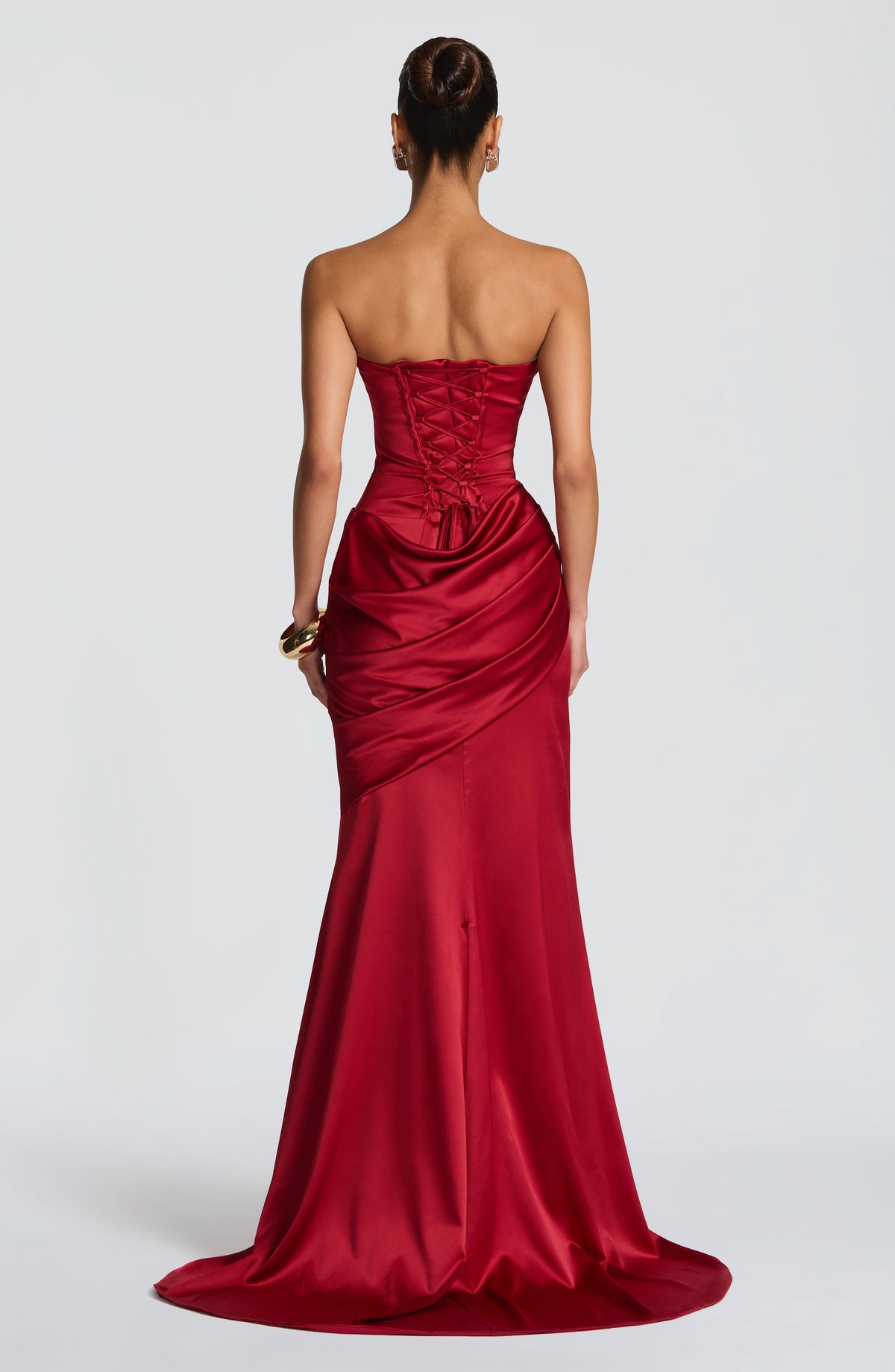 Morwen Strapless Cowl Satin Maxi Dress - Deep Red