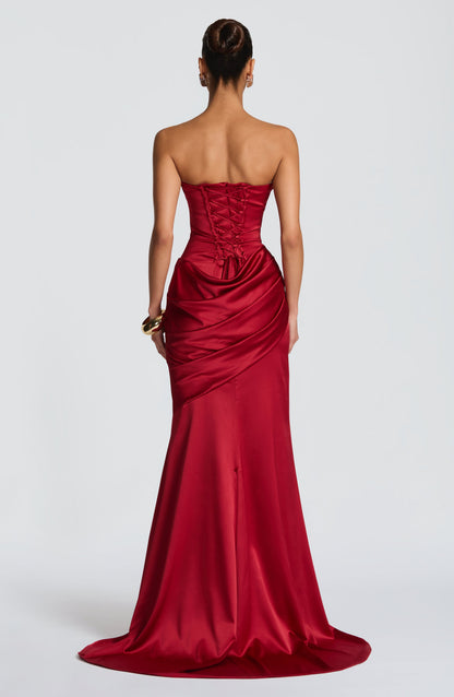Morwen Strapless Cowl Satin Maxi Dress - Deep Red