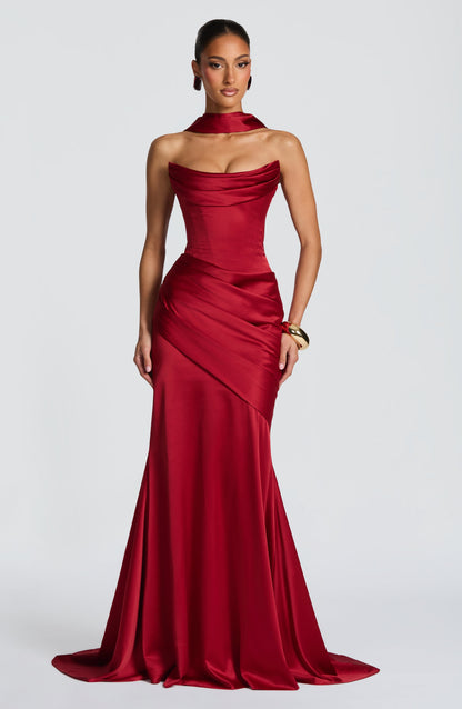 Morwen Strapless Cowl Satin Maxi Dress - Deep Red