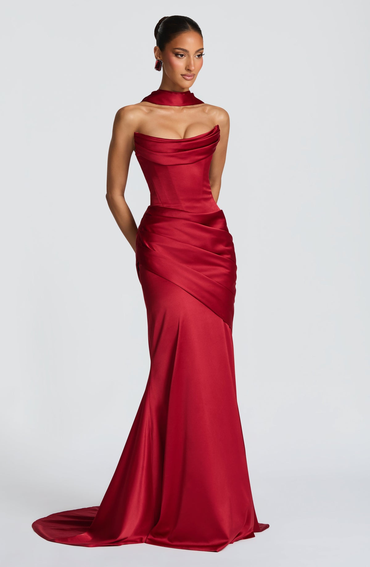 Morwen Strapless Cowl Satin Maxi Dress - Deep Red