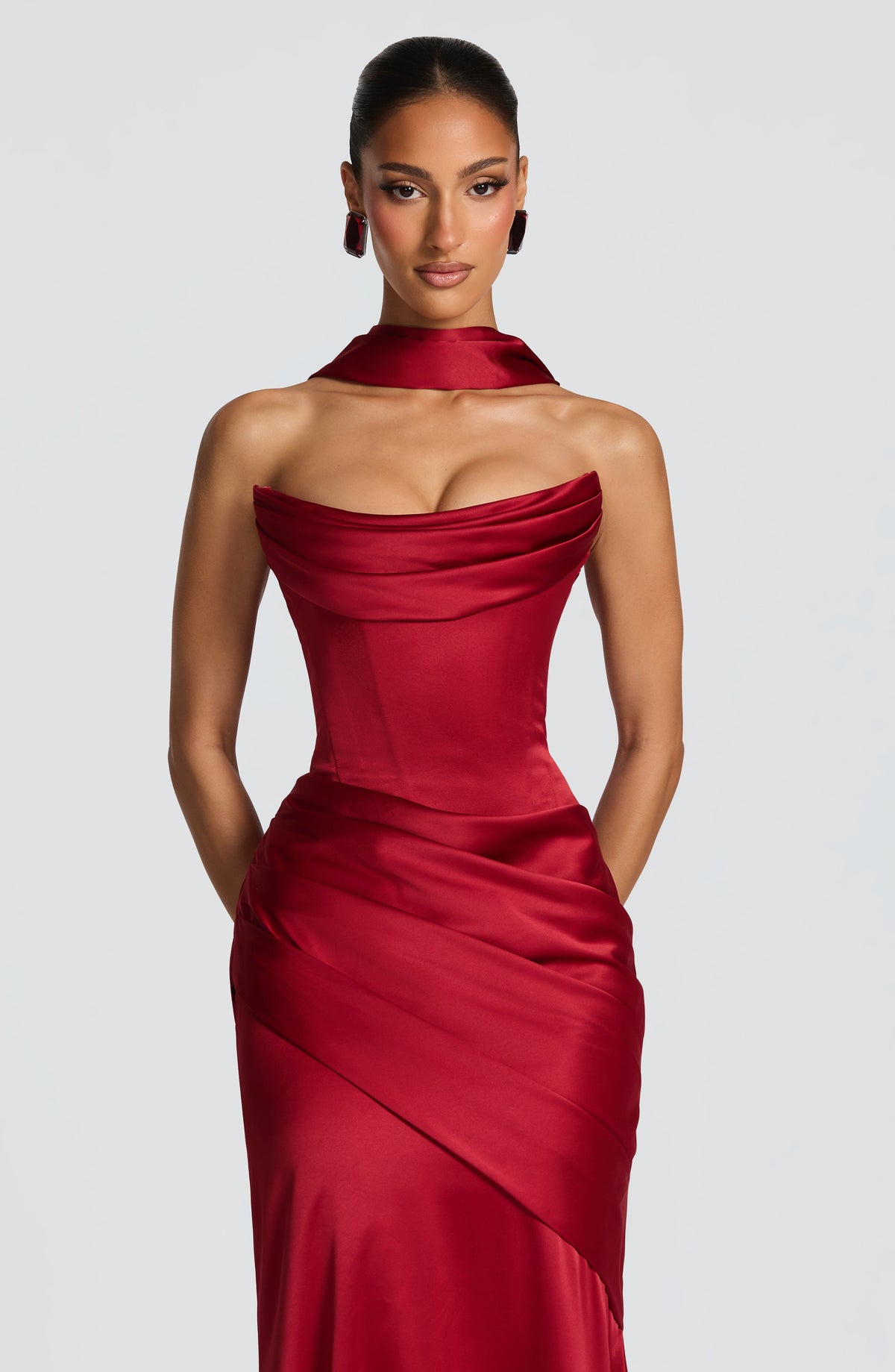 Morwen Strapless Cowl Satin Maxi Dress - Deep Red