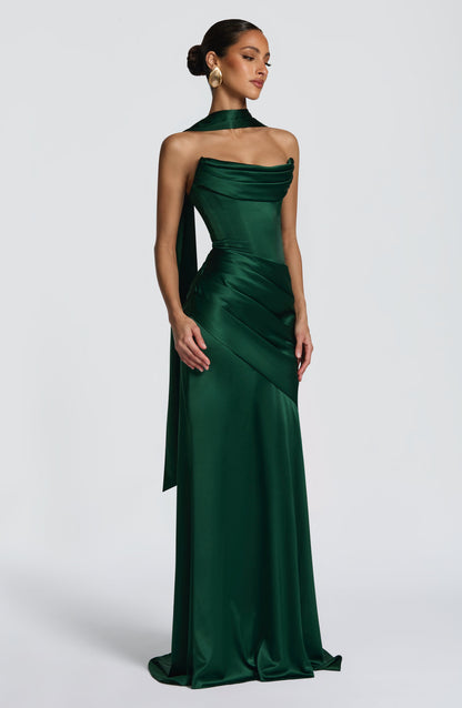 Morwen Strapless Cowl Satin Maxi Dress - Emerald Green