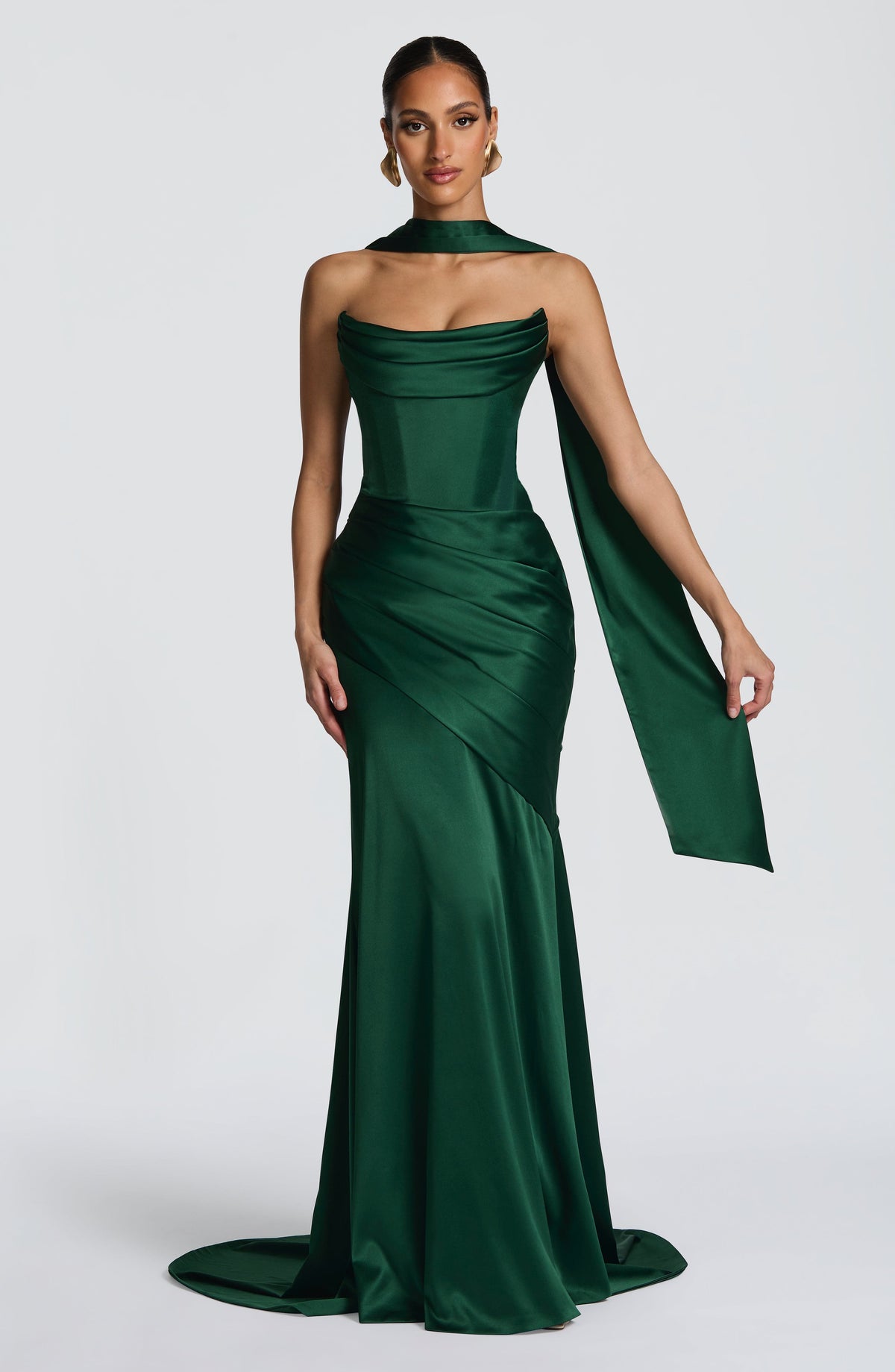 Morwen Strapless Cowl Satin Maxi Dress - Emerald Green
