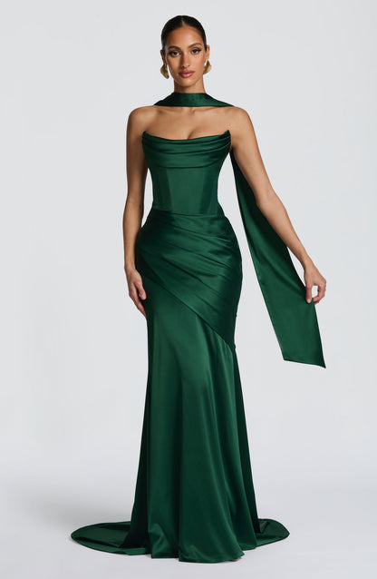 Morwen Strapless Cowl Satin Maxi Dress - Emerald Green