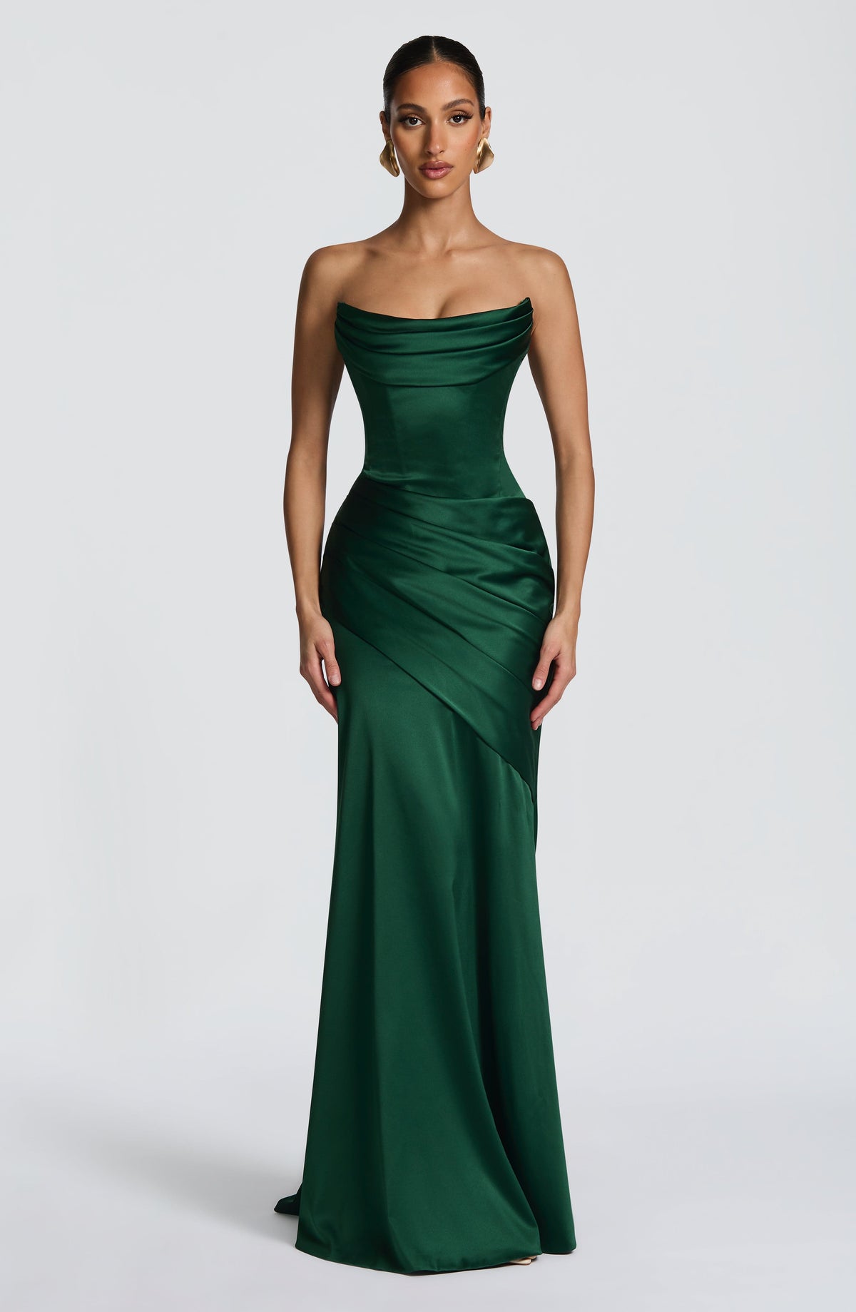 Morwen Strapless Cowl Satin Maxi Dress - Emerald Green
