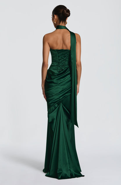Morwen Strapless Cowl Satin Maxi Dress - Emerald Green