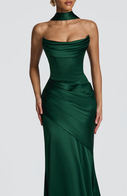 Morwen Strapless Cowl Satin Maxi Dress - Emerald Green