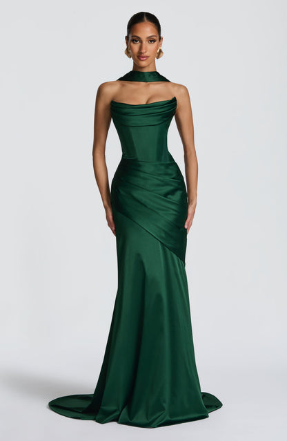 Morwen Strapless Cowl Satin Maxi Dress - Emerald Green